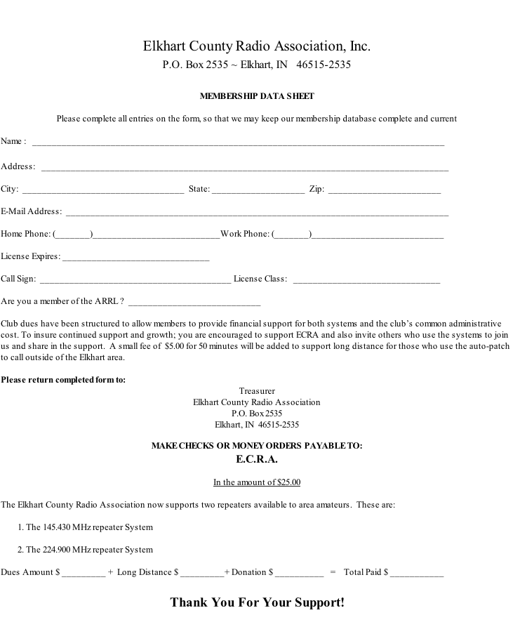 Just PRINT this form and fill out and mail to the ECRA with Dues.
